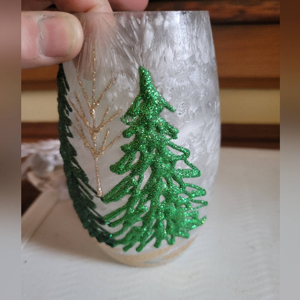 Nwt Stony Creek frosted glass lighted vase pine trees winter scene - Picture 9 of 10